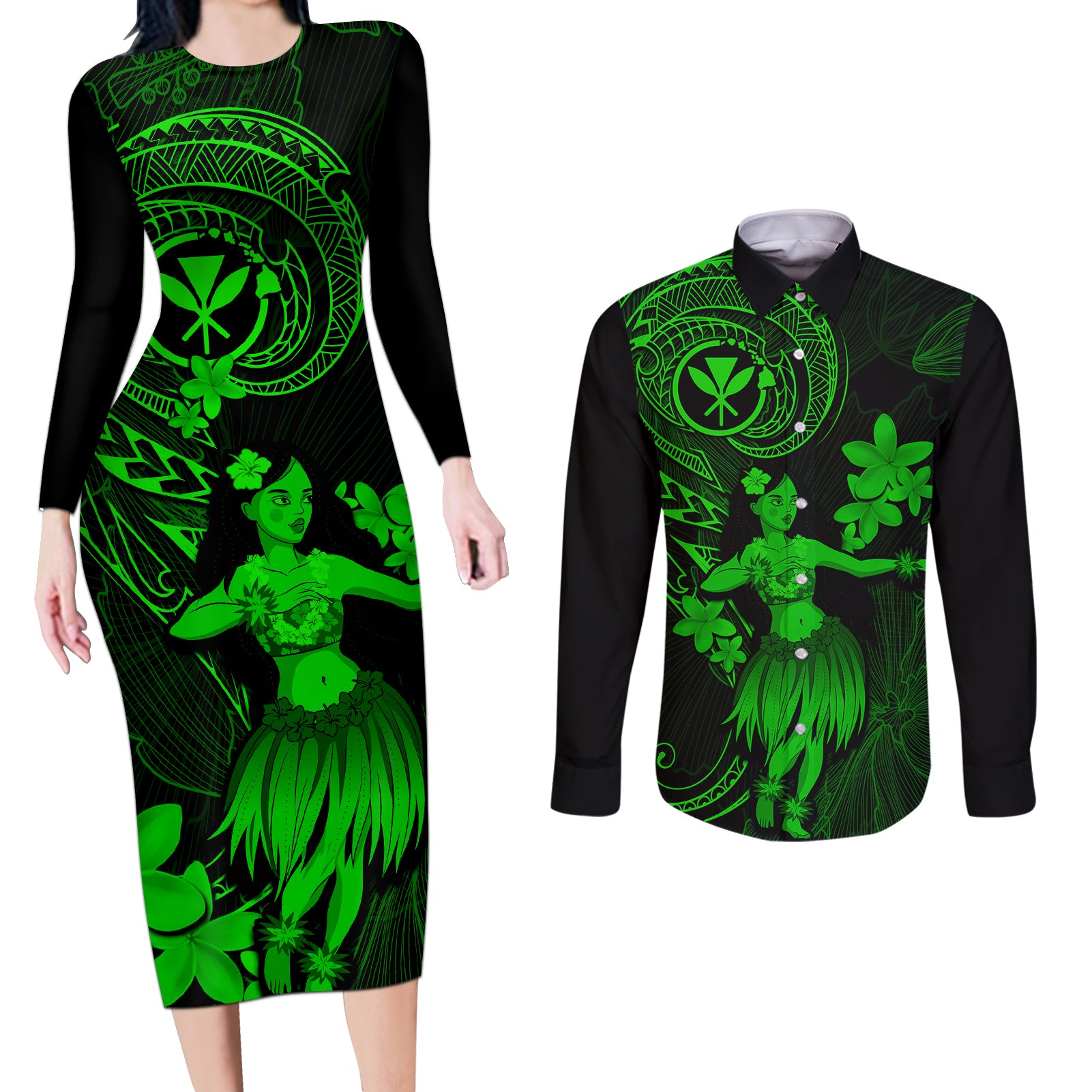 Hawaii Couples Matching Long Sleeve Bodycon Dress and Long Sleeve Button Shirts Hula Girl Mix Polynesian Plumeria Green Version LT14 Green - Polynesian Pride