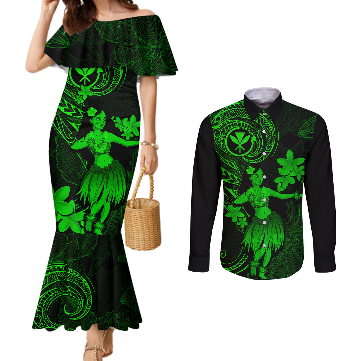 Hawaii Couples Matching Mermaid Dress and Long Sleeve Button Shirts Hula Girl Mix Polynesian Plumeria Green Version LT14 Green - Polynesian Pride