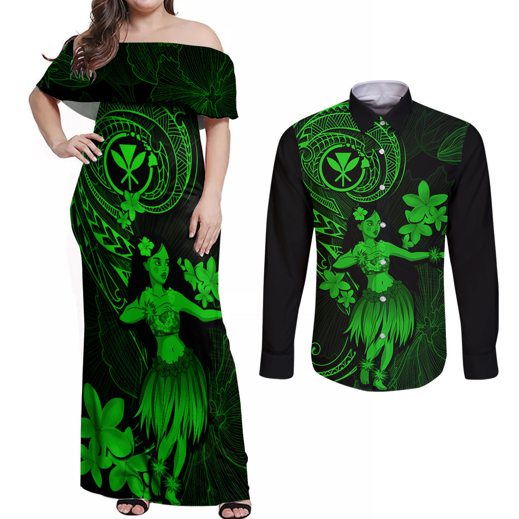 Hawaii Couples Matching Off Shoulder Maxi Dress and Long Sleeve Button Shirts Hula Girl Mix Polynesian Plumeria Green Version LT14 Green - Polynesian Pride