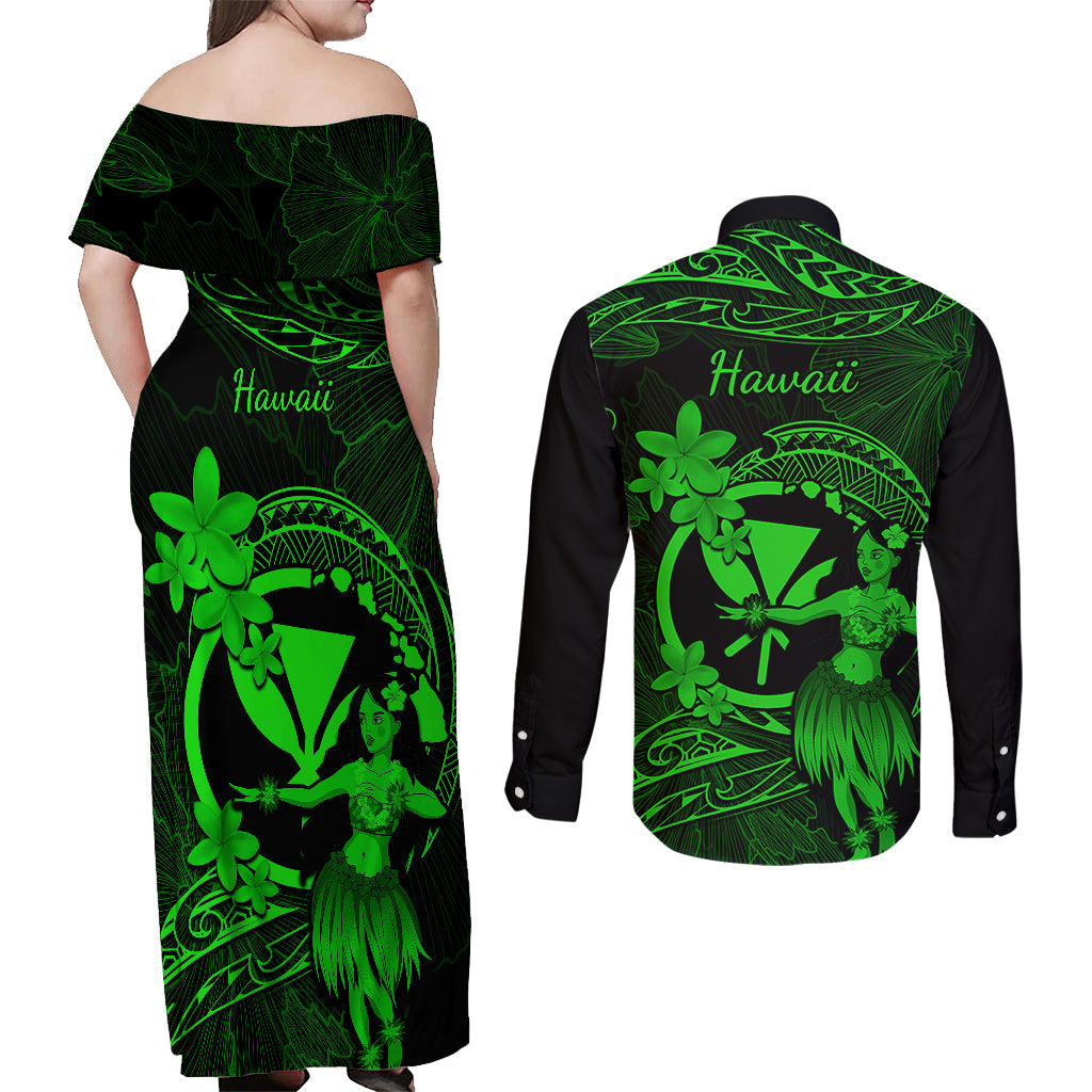 Hawaii Couples Matching Off Shoulder Maxi Dress and Long Sleeve Button Shirts Hula Girl Mix Polynesian Plumeria Green Version LT14 - Polynesian Pride