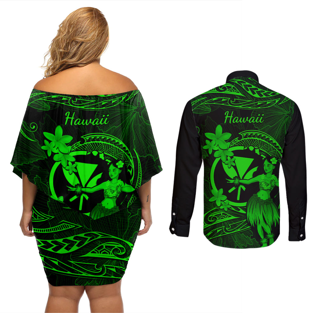 Hawaii Couples Matching Off Shoulder Short Dress and Long Sleeve Button Shirts Hula Girl Mix Polynesian Plumeria Green Version LT14 - Polynesian Pride