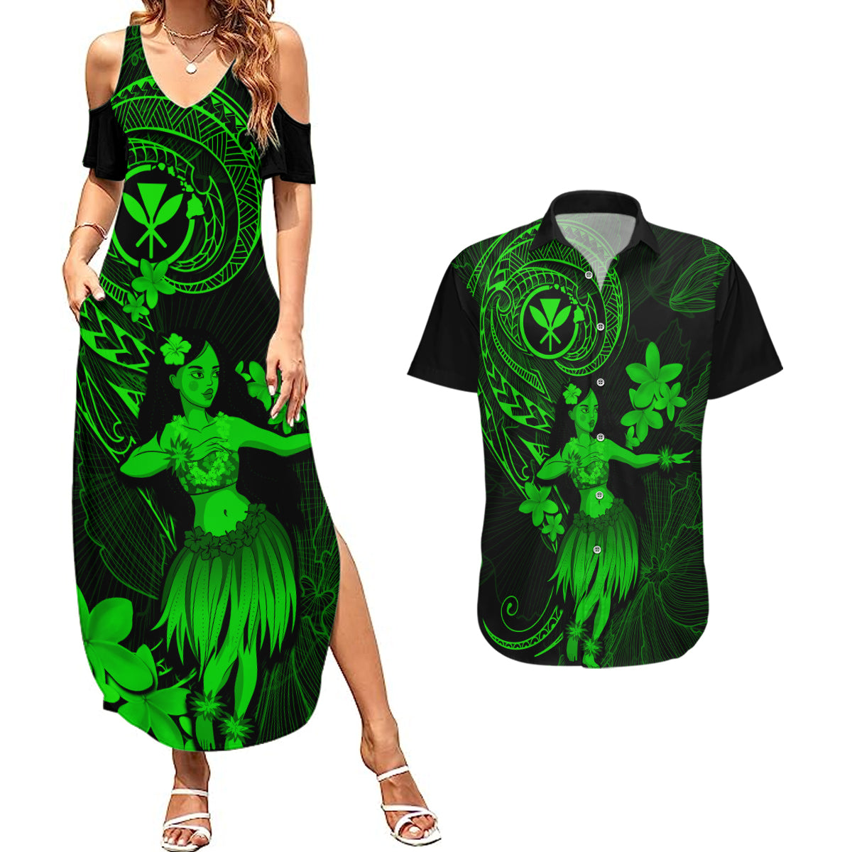 Hawaii Couples Matching Summer Maxi Dress and Hawaiian Shirt Hula Girl Mix Polynesian Plumeria Green Version LT14 Green - Polynesian Pride