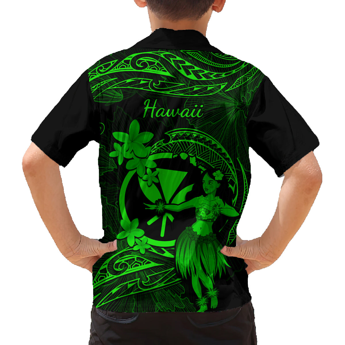 Hawaii Family Matching Off Shoulder Maxi Dress and Hawaiian Shirt Hula Girl Mix Polynesian Plumeria Green Version LT14 - Polynesian Pride