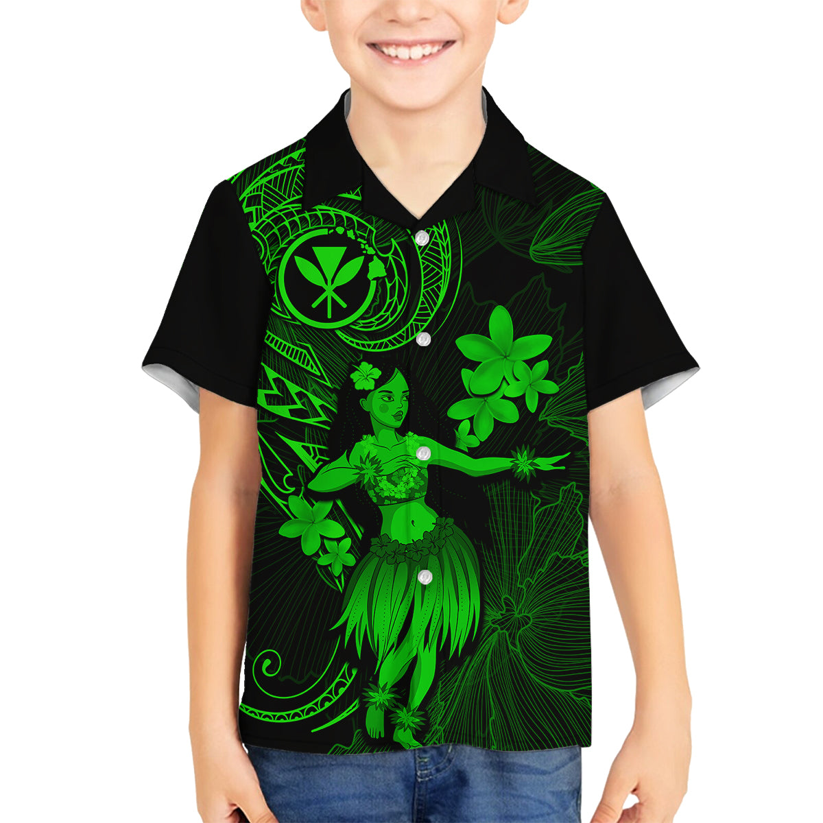 Hawaii Family Matching Puletasi Dress and Hawaiian Shirt Hula Girl Mix Polynesian Plumeria Green Version LT14 Son's Shirt Green - Polynesian Pride
