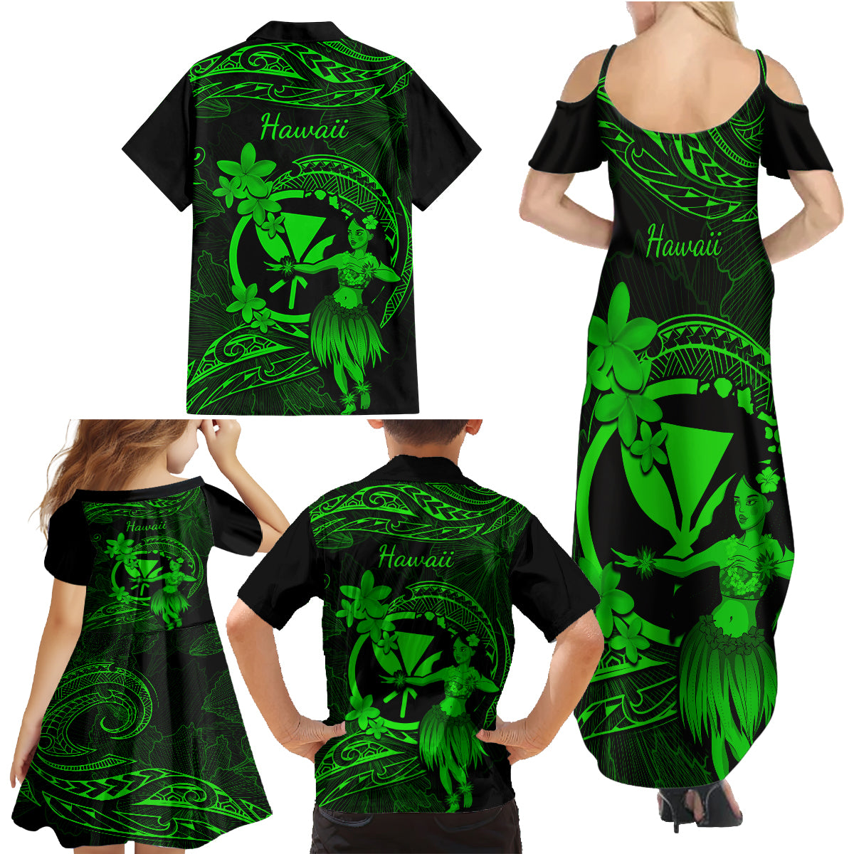 Hawaii Family Matching Summer Maxi Dress and Hawaiian Shirt Hula Girl Mix Polynesian Plumeria Green Version LT14 - Polynesian Pride