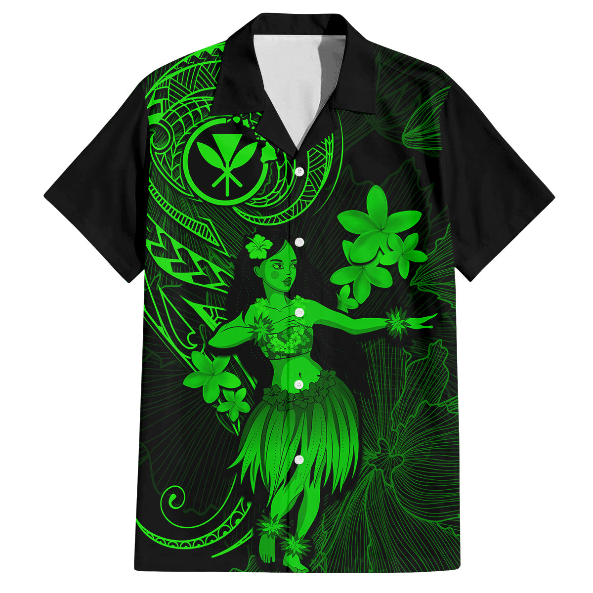 Hawaii Family Matching Tank Maxi Dress and Hawaiian Shirt Hula Girl Mix Polynesian Plumeria Green Version LT14 Dad's Shirt - Short Sleeve Green - Polynesian Pride