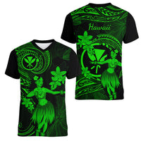 Hawaii Women V Neck T Shirt Hula Girl Mix Polynesian Plumeria Green Version LT14 - Polynesian Pride