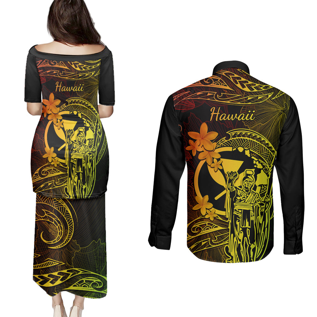 Hawaii Couples Matching Puletasi Dress and Long Sleeve Button Shirts King Kamehameha Mix Polynesian Plumeria Reggae Version LT14 - Polynesian Pride