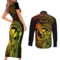 Hawaii Couples Matching Short Sleeve Bodycon Dress and Long Sleeve Button Shirts King Kamehameha Mix Polynesian Plumeria Reggae Version LT14 - Polynesian Pride