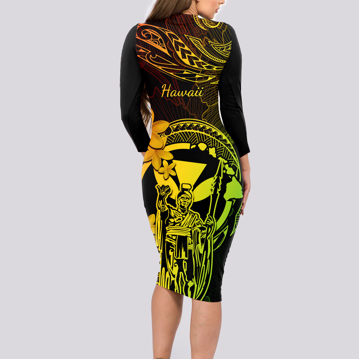 Hawaii Long Sleeve Bodycon Dress King Kamehameha Mix Polynesian Plumeria Reggae Version LT14 - Polynesian Pride