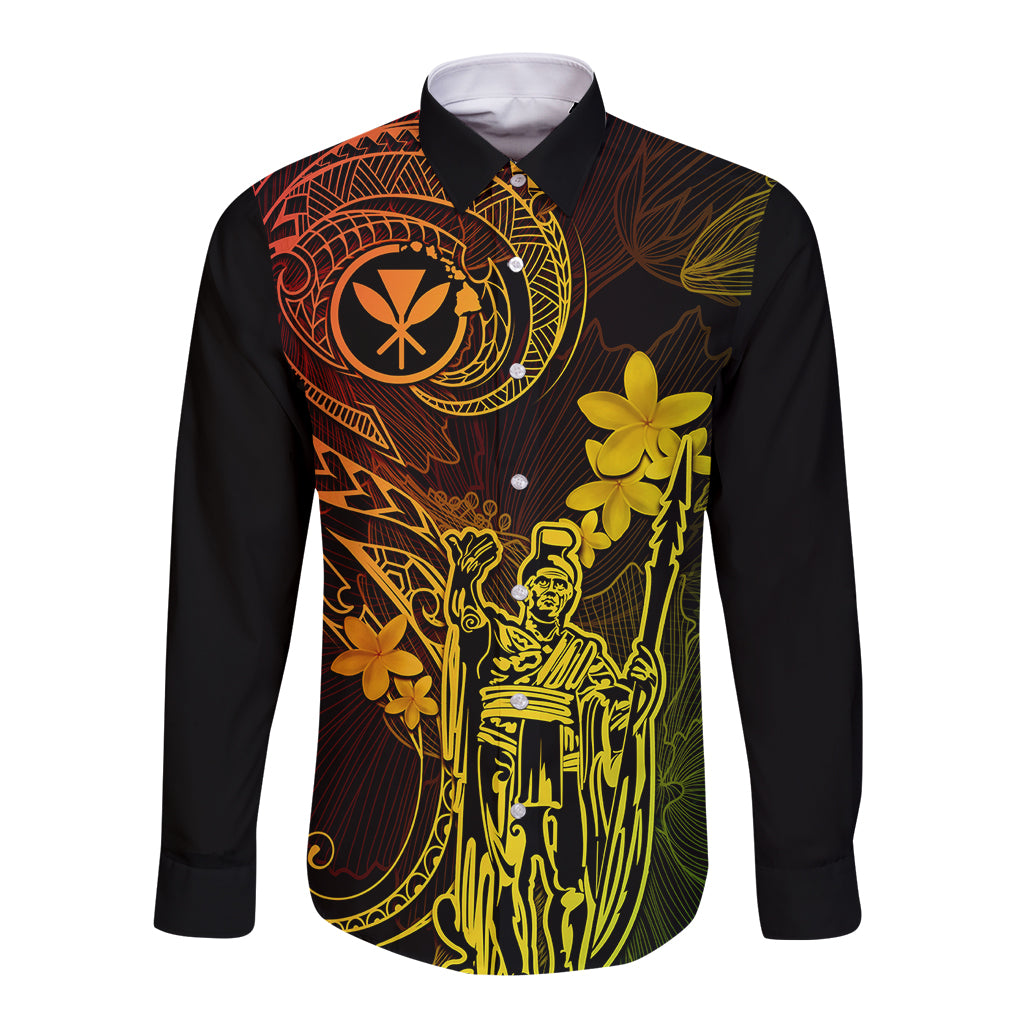 Hawaii Long Sleeve Button Shirt King Kamehameha Mix Polynesian Plumeria Reggae Version LT14 Unisex Reggae - Polynesian Pride