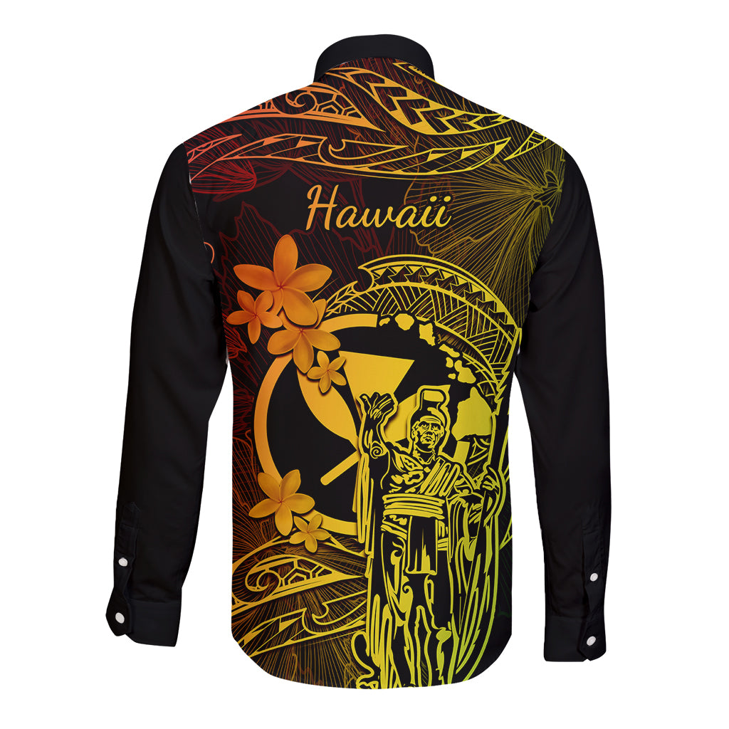 Hawaii Long Sleeve Button Shirt King Kamehameha Mix Polynesian Plumeria Reggae Version LT14 - Polynesian Pride