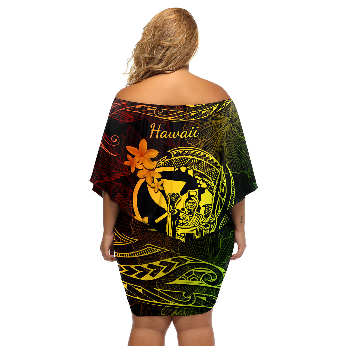Hawaii Off Shoulder Short Dress King Kamehameha Mix Polynesian Plumeria Reggae Version LT14 - Polynesian Pride