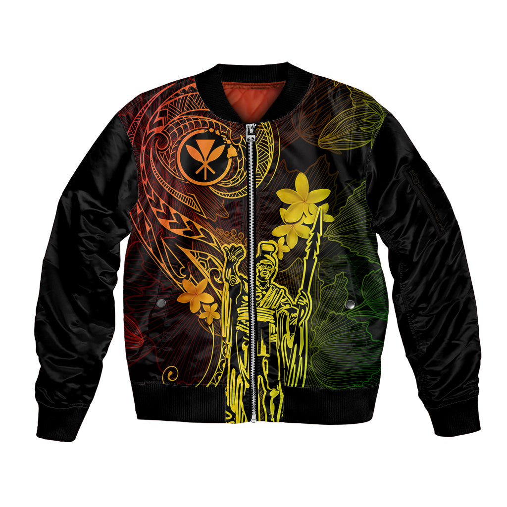 Hawaii Sleeve Zip Bomber Jacket King Kamehameha Mix Polynesian Plumeria Reggae Version LT14 Unisex Reggae - Polynesian Pride
