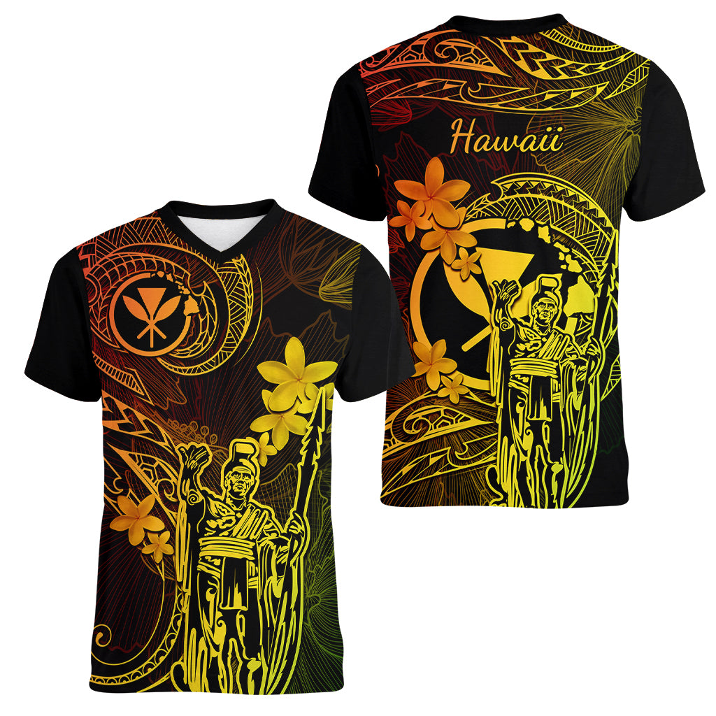 Hawaii Women V Neck T Shirt King Kamehameha Mix Polynesian Plumeria Reggae Version LT14 - Polynesian Pride