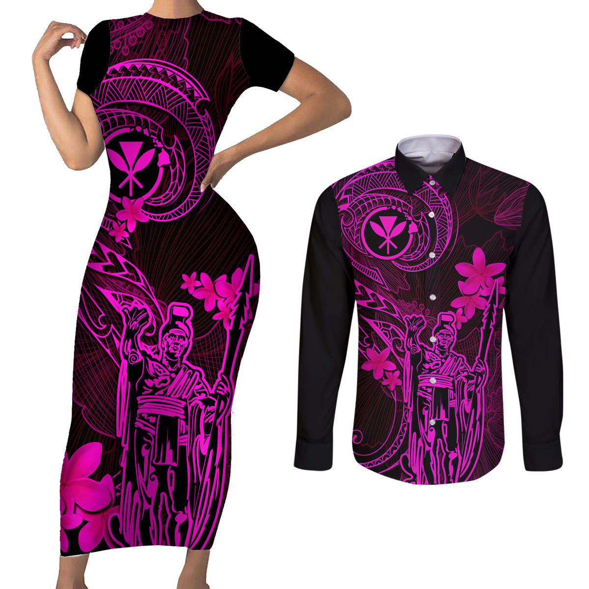 Hawaii Couples Matching Short Sleeve Bodycon Dress and Long Sleeve Button Shirts King Kamehameha Mix Polynesian Plumeria Pink Version LT14 Pink - Polynesian Pride