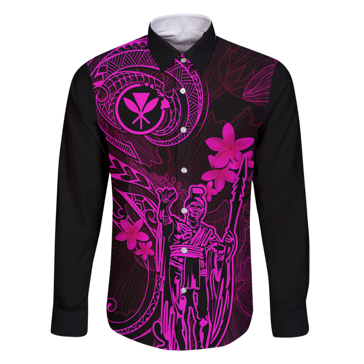 Hawaii Family Matching Long Sleeve Bodycon Dress and Hawaiian Shirt King Kamehameha Mix Polynesian Plumeria Pink Version LT14 Dad's Shirt - Long Sleeve Pink - Polynesian Pride