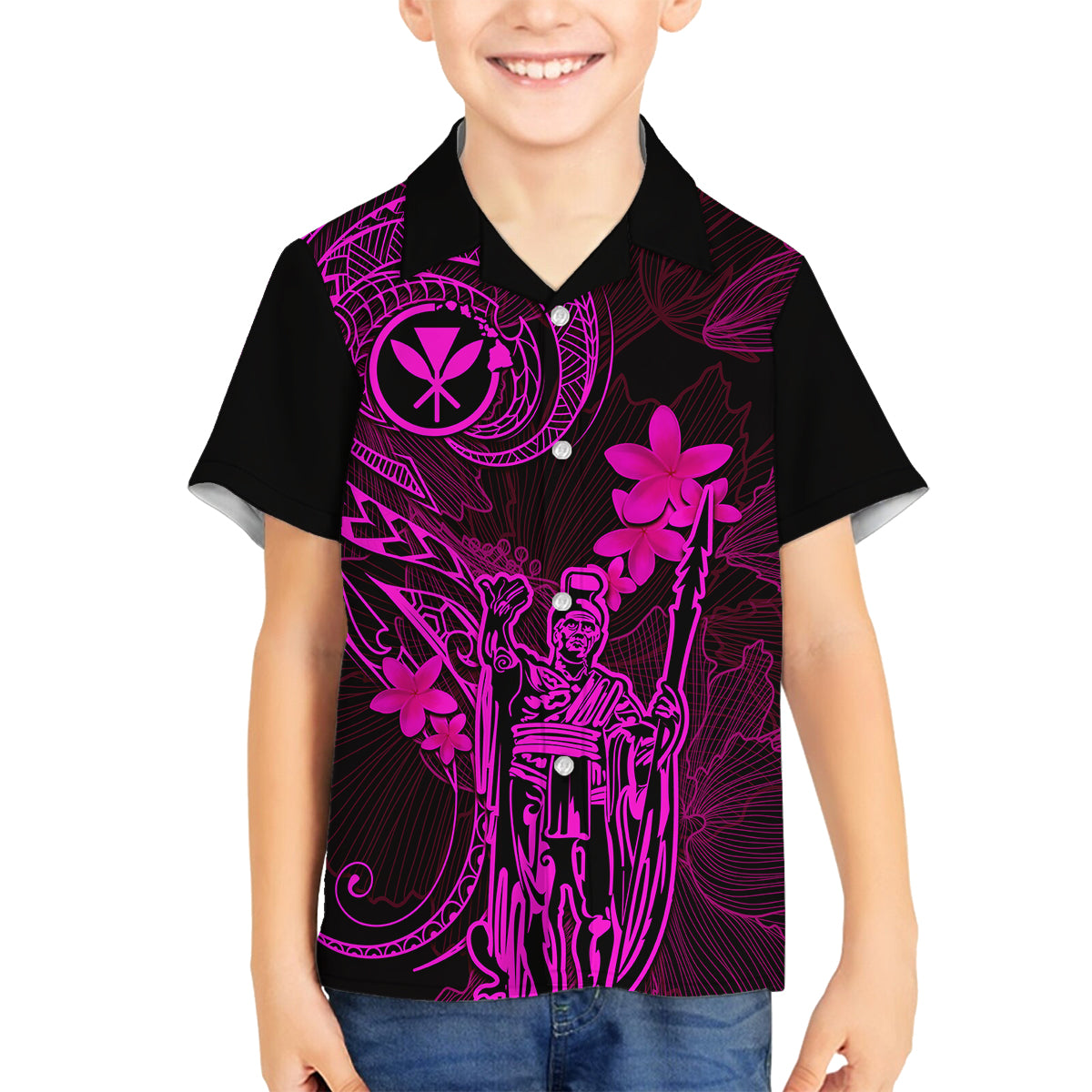 Hawaii Kid Hawaiian Shirt King Kamehameha Mix Polynesian Plumeria Pink Version LT14 - Polynesian Pride