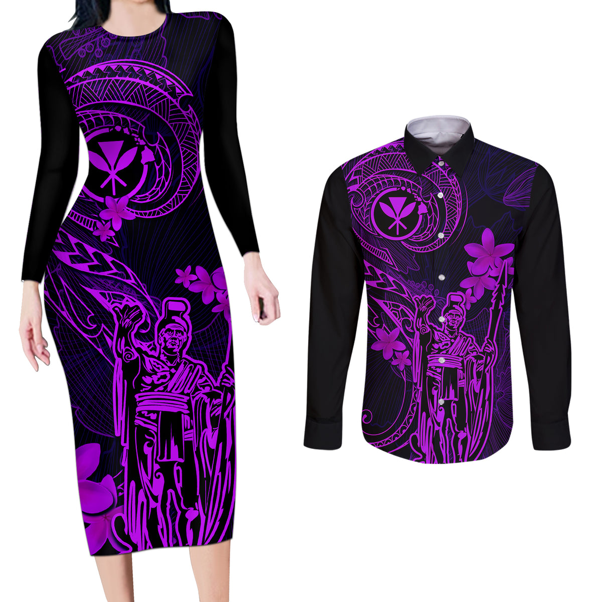 Hawaii Couples Matching Long Sleeve Bodycon Dress and Long Sleeve Button Shirts King Kamehameha Mix Polynesian Plumeria Purple Version LT14 Purple - Polynesian Pride