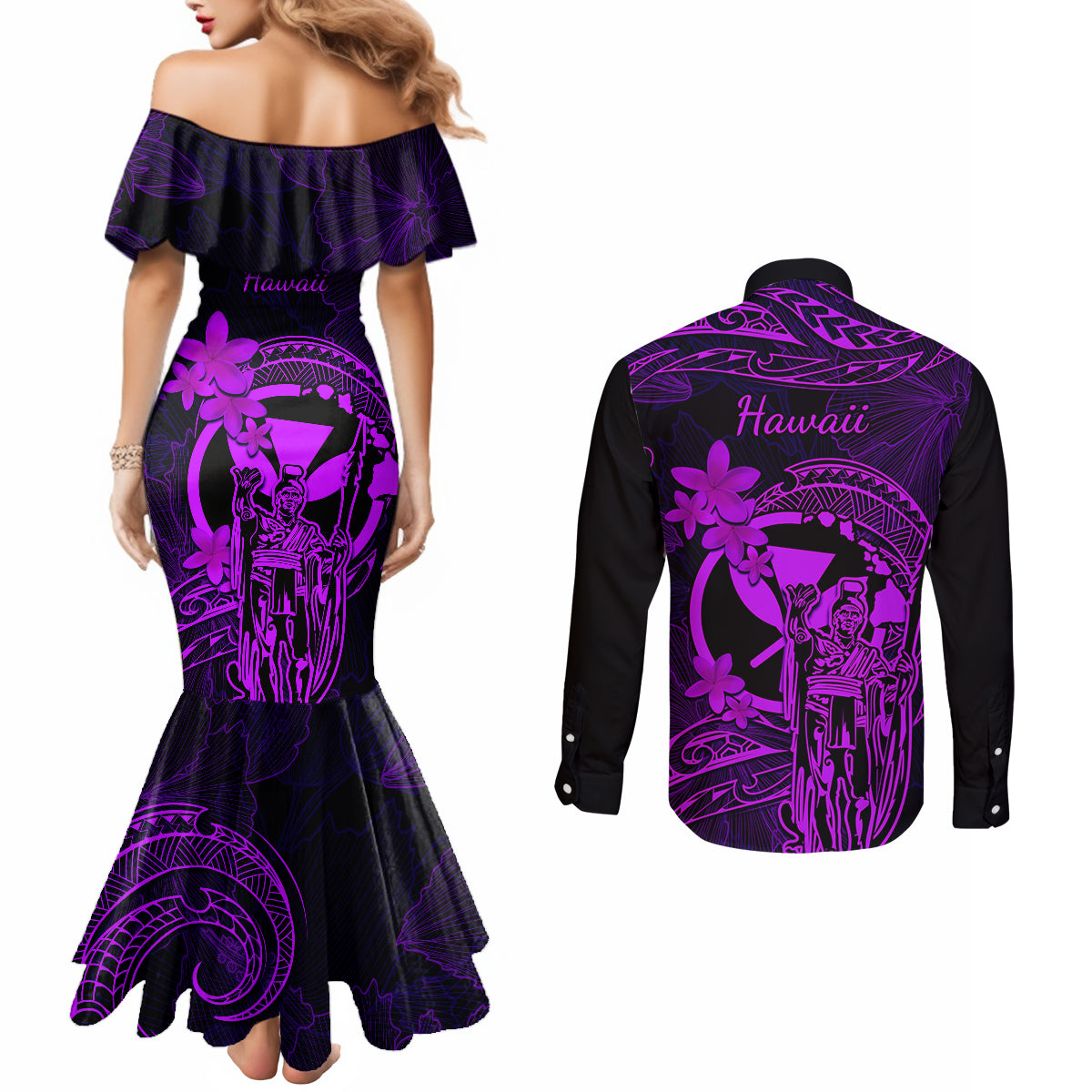 Hawaii Couples Matching Mermaid Dress and Long Sleeve Button Shirts King Kamehameha Mix Polynesian Plumeria Purple Version LT14 - Polynesian Pride