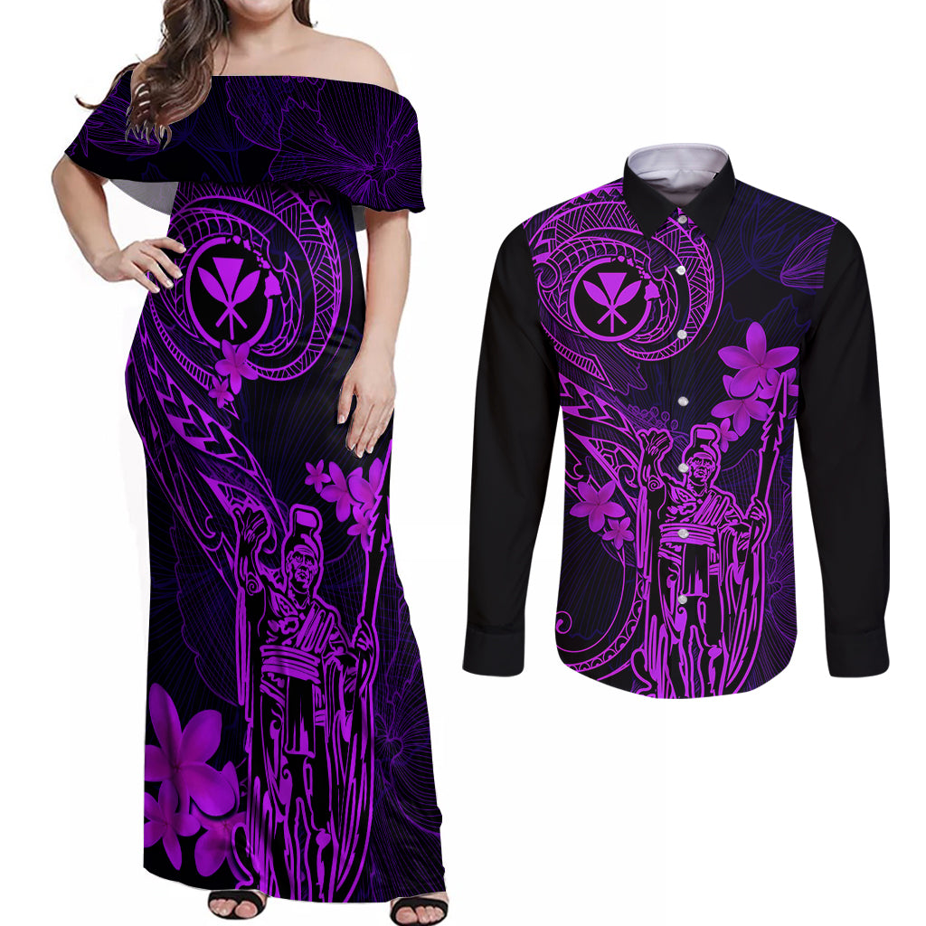 Hawaii Couples Matching Off Shoulder Maxi Dress and Long Sleeve Button Shirts King Kamehameha Mix Polynesian Plumeria Purple Version LT14 Purple - Polynesian Pride