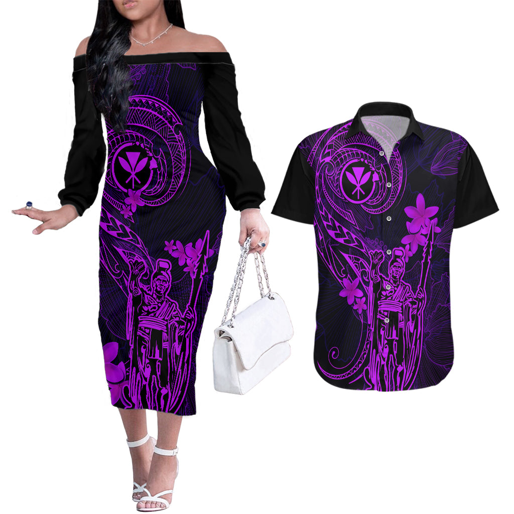 Hawaii Couples Matching Off The Shoulder Long Sleeve Dress and Hawaiian Shirt King Kamehameha Mix Polynesian Plumeria Purple Version LT14 Purple - Polynesian Pride