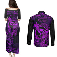 Hawaii Couples Matching Puletasi Dress and Long Sleeve Button Shirts King Kamehameha Mix Polynesian Plumeria Purple Version LT14 - Polynesian Pride