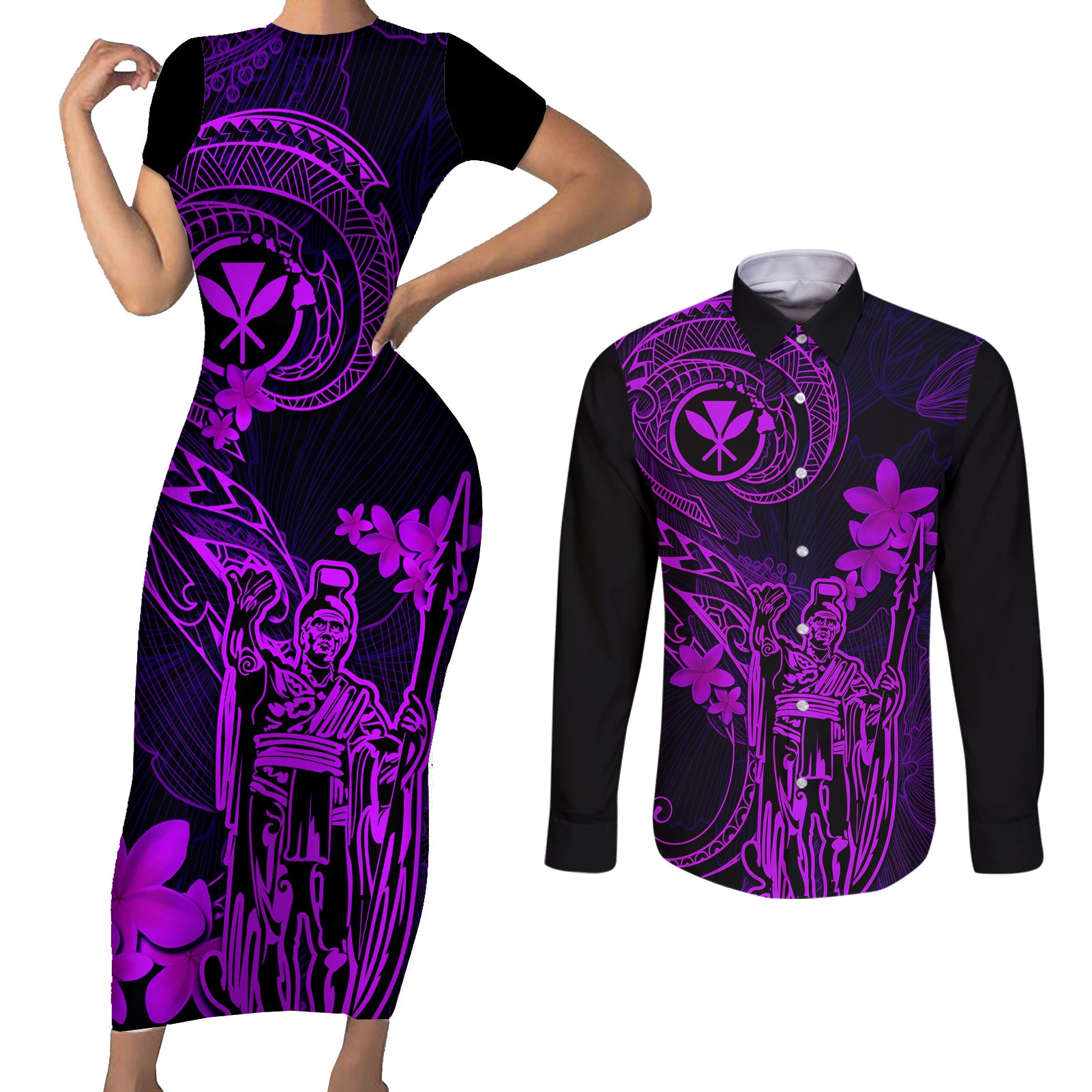 Hawaii Couples Matching Short Sleeve Bodycon Dress and Long Sleeve Button Shirts King Kamehameha Mix Polynesian Plumeria Purple Version LT14 Purple - Polynesian Pride