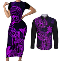 Hawaii Couples Matching Short Sleeve Bodycon Dress and Long Sleeve Button Shirts King Kamehameha Mix Polynesian Plumeria Purple Version LT14 Purple - Polynesian Pride