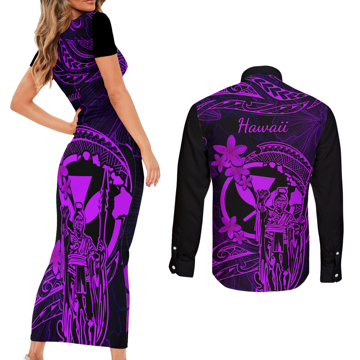 Hawaii Couples Matching Short Sleeve Bodycon Dress and Long Sleeve Button Shirts King Kamehameha Mix Polynesian Plumeria Purple Version LT14 - Polynesian Pride