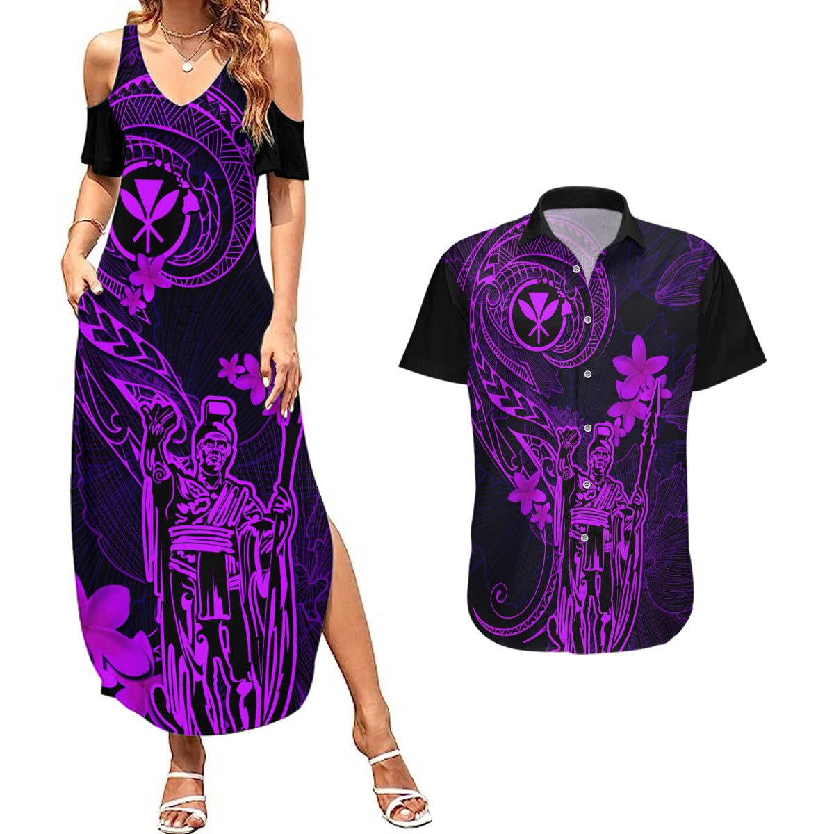 Hawaii Couples Matching Summer Maxi Dress and Hawaiian Shirt King Kamehameha Mix Polynesian Plumeria Purple Version LT14 Purple - Polynesian Pride