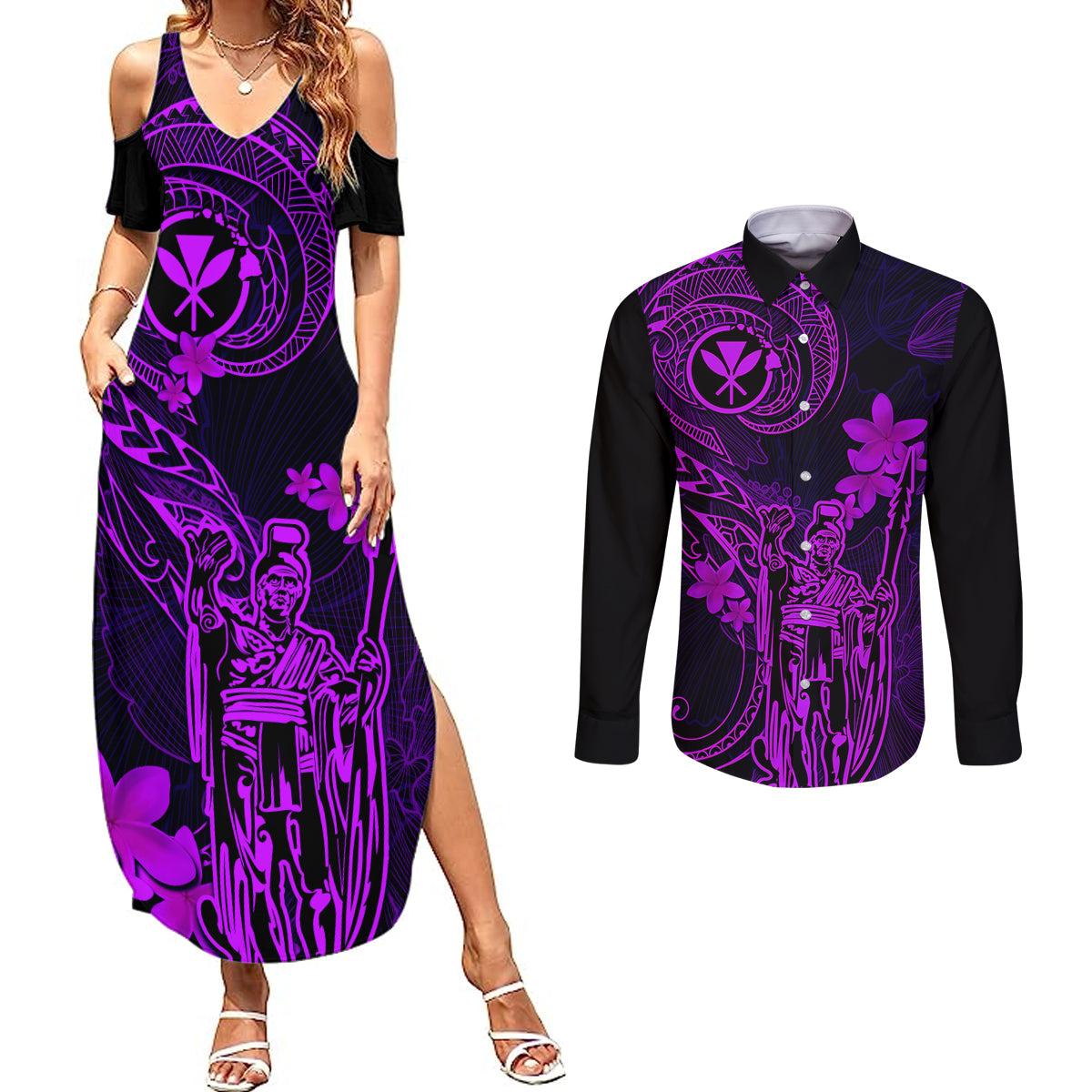 Hawaii Couples Matching Summer Maxi Dress and Long Sleeve Button Shirts King Kamehameha Mix Polynesian Plumeria Purple Version LT14 Purple - Polynesian Pride