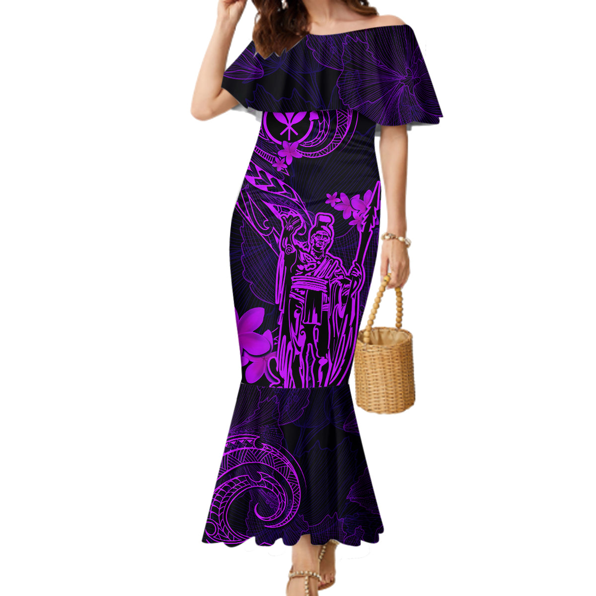 Hawaii Family Matching Mermaid Dress and Hawaiian Shirt King Kamehameha Mix Polynesian Plumeria Purple Version LT14 Mom's Dress Purple - Polynesian Pride