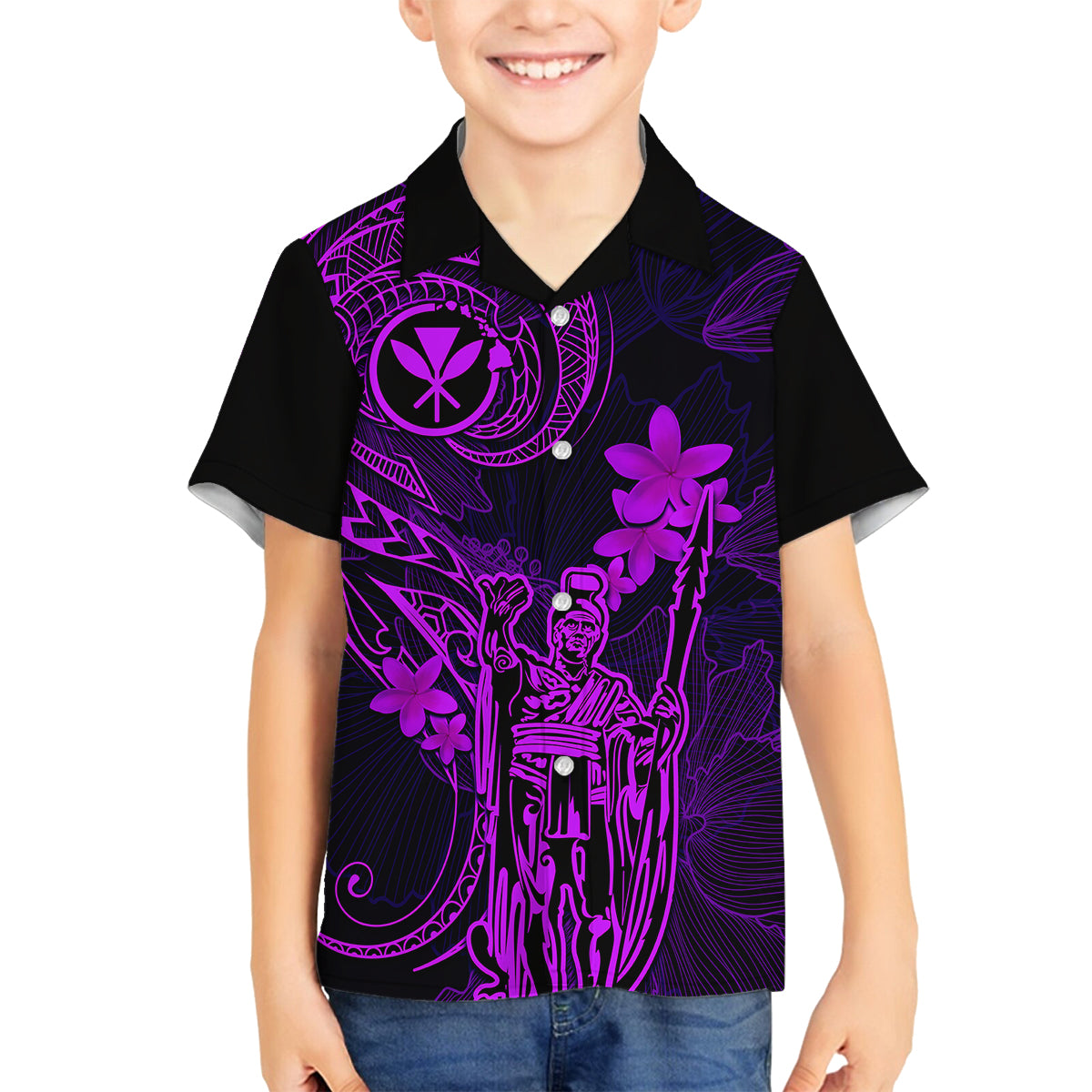 Hawaii Family Matching Tank Maxi Dress and Hawaiian Shirt King Kamehameha Mix Polynesian Plumeria Purple Version LT14 Son's Shirt Purple - Polynesian Pride