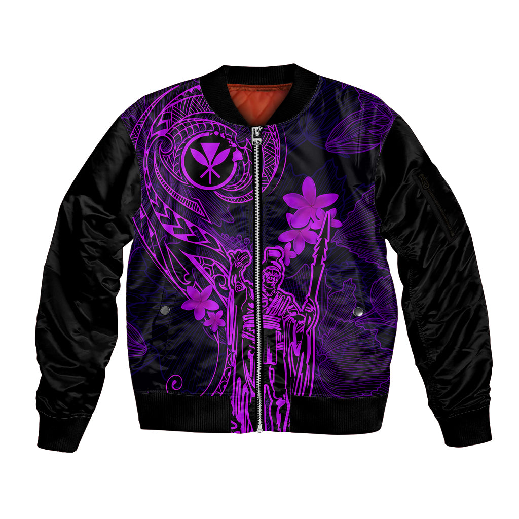 Hawaii Sleeve Zip Bomber Jacket King Kamehameha Mix Polynesian Plumeria Purple Version LT14 Unisex Purple - Polynesian Pride
