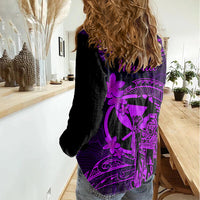 Hawaii Women Casual Shirt King Kamehameha Mix Polynesian Plumeria Purple Version LT14 - Polynesian Pride