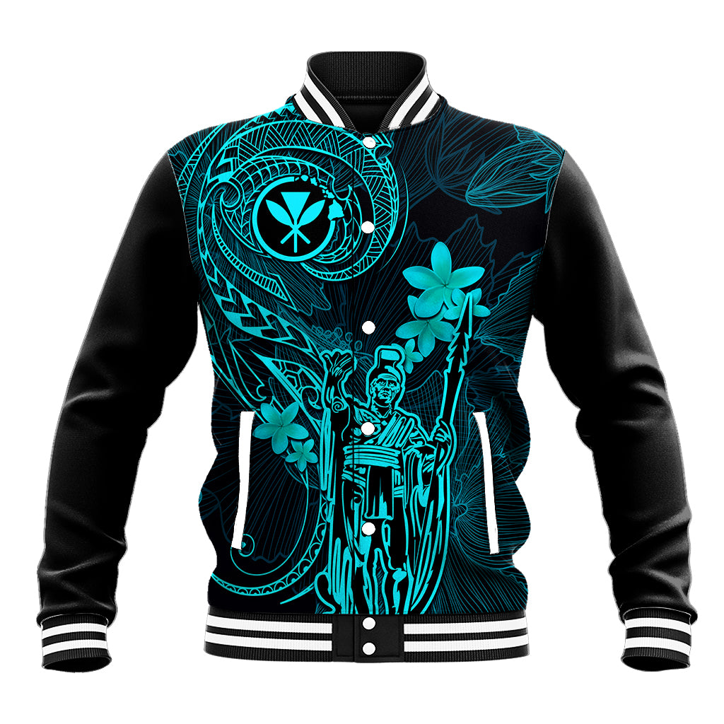 Hawaii Baseball Jacket King Kamehameha Mix Polynesian Plumeria Turquoise Version LT14 Unisex Turquoise - Polynesian Pride