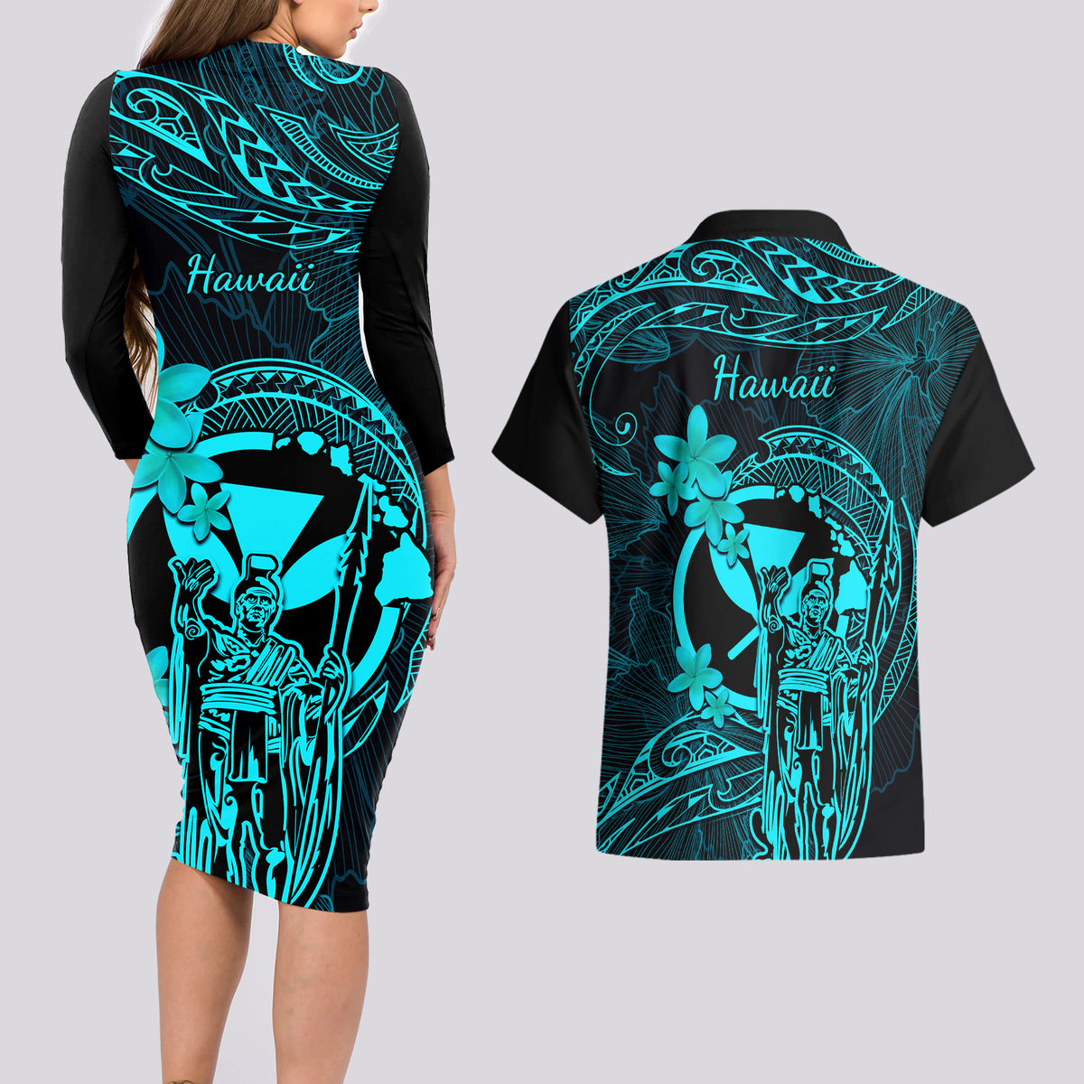 Hawaii Couples Matching Long Sleeve Bodycon Dress and Hawaiian Shirt King Kamehameha Mix Polynesian Plumeria Turquoise Version LT14 - Polynesian Pride