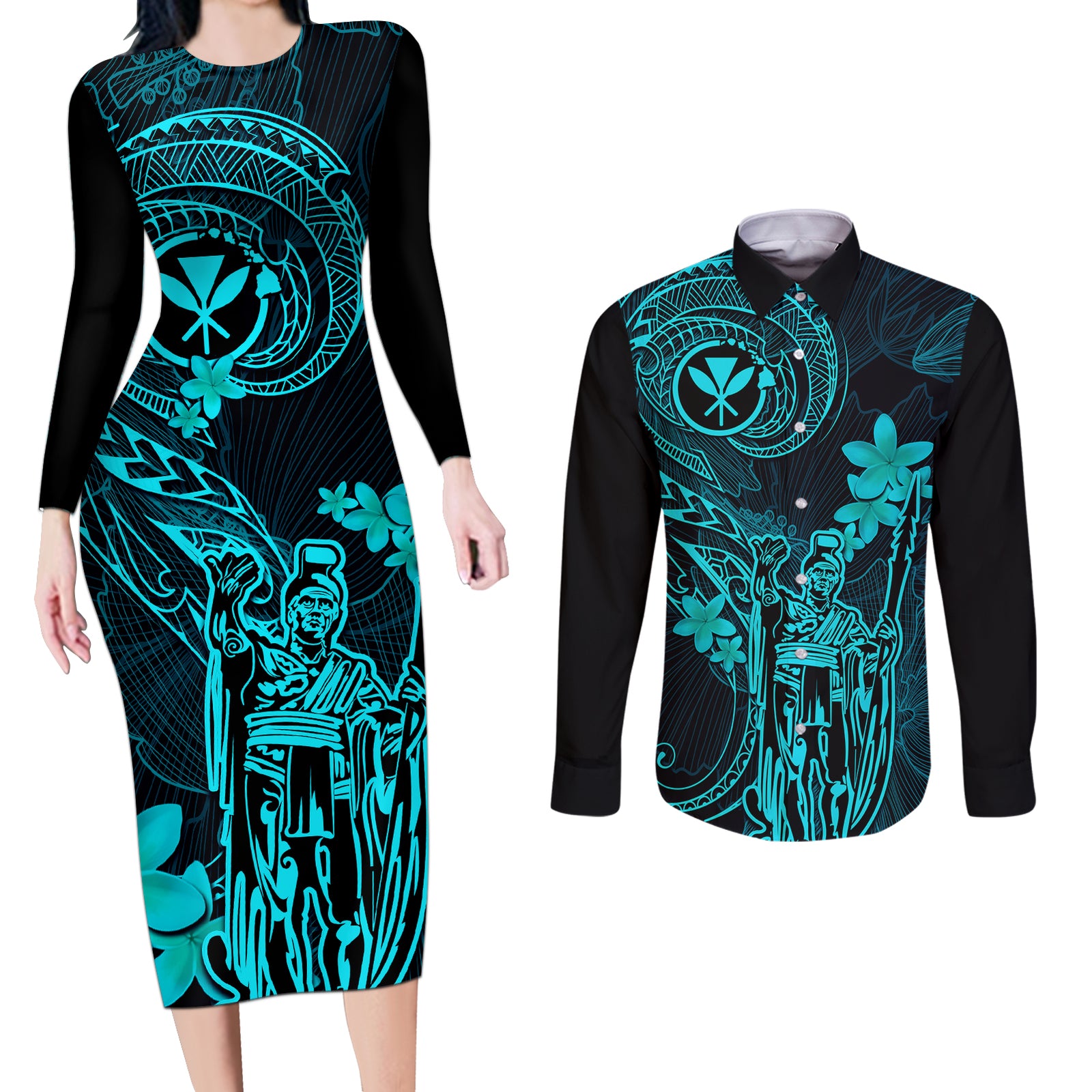 Hawaii Couples Matching Long Sleeve Bodycon Dress and Long Sleeve Button Shirts King Kamehameha Mix Polynesian Plumeria Turquoise Version LT14 Turquoise - Polynesian Pride