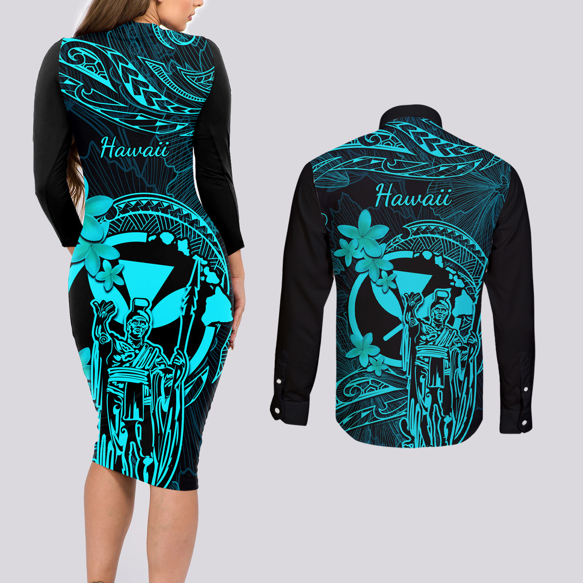 Hawaii Couples Matching Long Sleeve Bodycon Dress and Long Sleeve Button Shirts King Kamehameha Mix Polynesian Plumeria Turquoise Version LT14 - Polynesian Pride