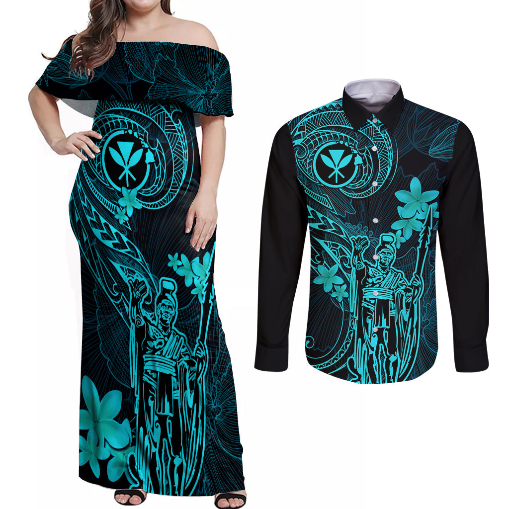 Hawaii Couples Matching Off Shoulder Maxi Dress and Long Sleeve Button Shirts King Kamehameha Mix Polynesian Plumeria Turquoise Version LT14 Turquoise - Polynesian Pride