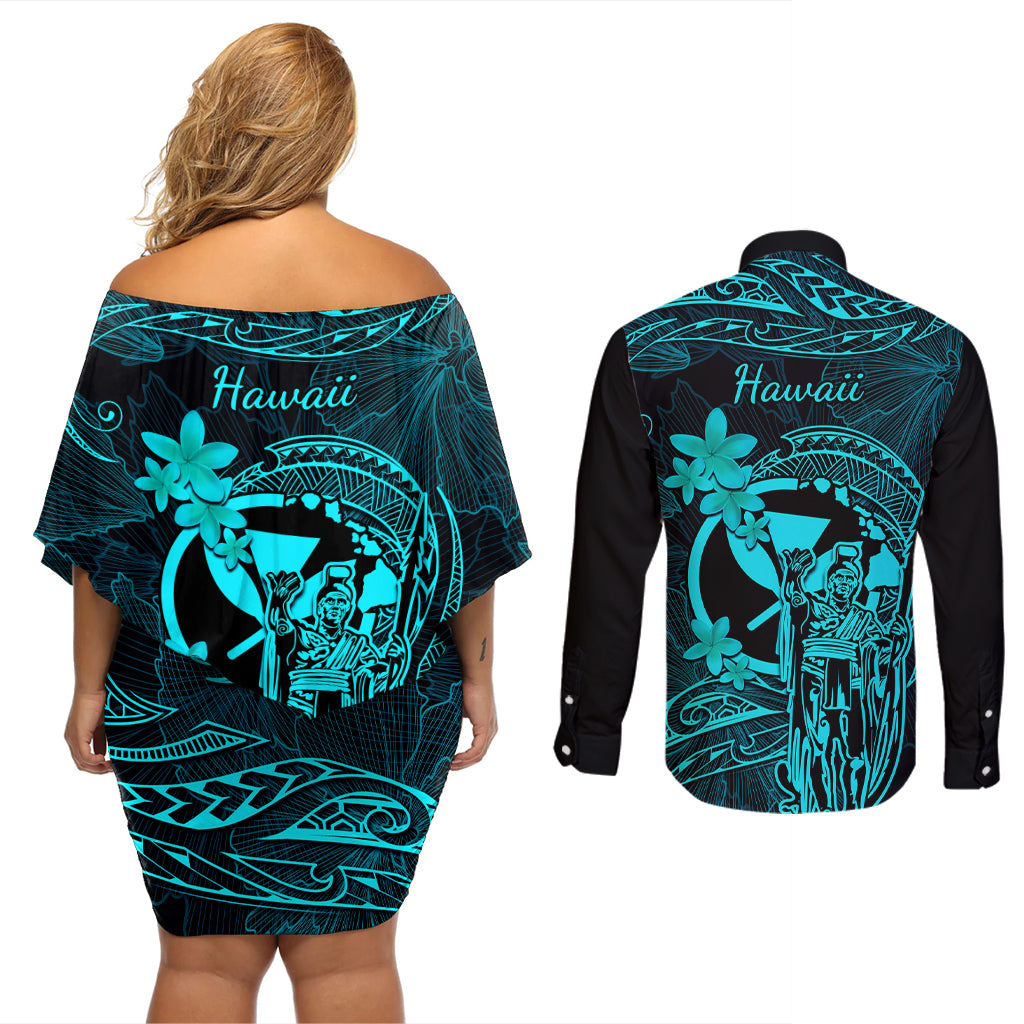 Hawaii Couples Matching Off Shoulder Short Dress and Long Sleeve Button Shirts King Kamehameha Mix Polynesian Plumeria Turquoise Version LT14 - Polynesian Pride