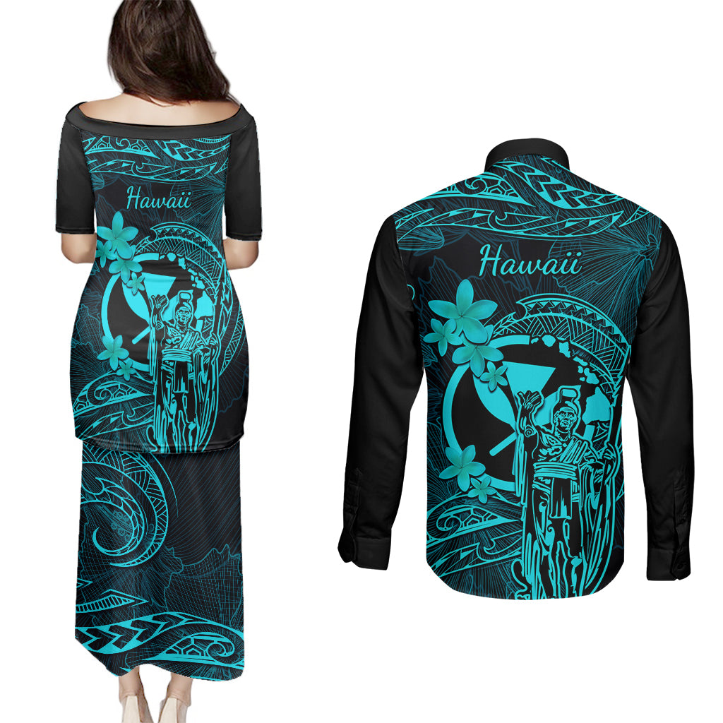 Hawaii Couples Matching Puletasi Dress and Long Sleeve Button Shirts King Kamehameha Mix Polynesian Plumeria Turquoise Version LT14 - Polynesian Pride