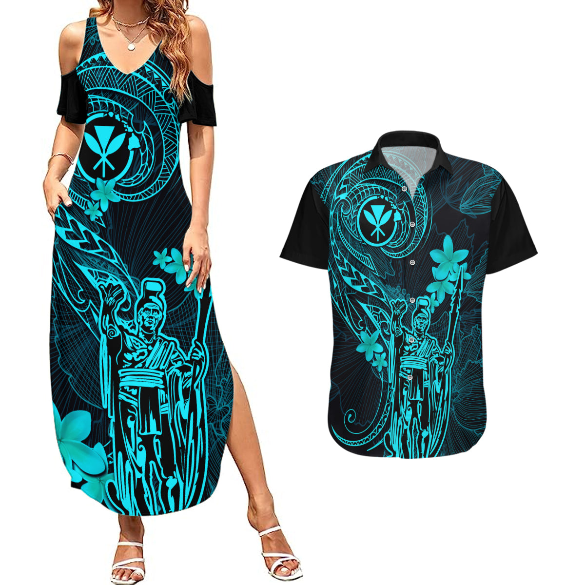 Hawaii Couples Matching Summer Maxi Dress and Hawaiian Shirt King Kamehameha Mix Polynesian Plumeria Turquoise Version LT14 Turquoise - Polynesian Pride