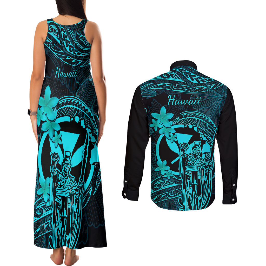Hawaii Couples Matching Tank Maxi Dress and Long Sleeve Button Shirts King Kamehameha Mix Polynesian Plumeria Turquoise Version LT14 - Polynesian Pride