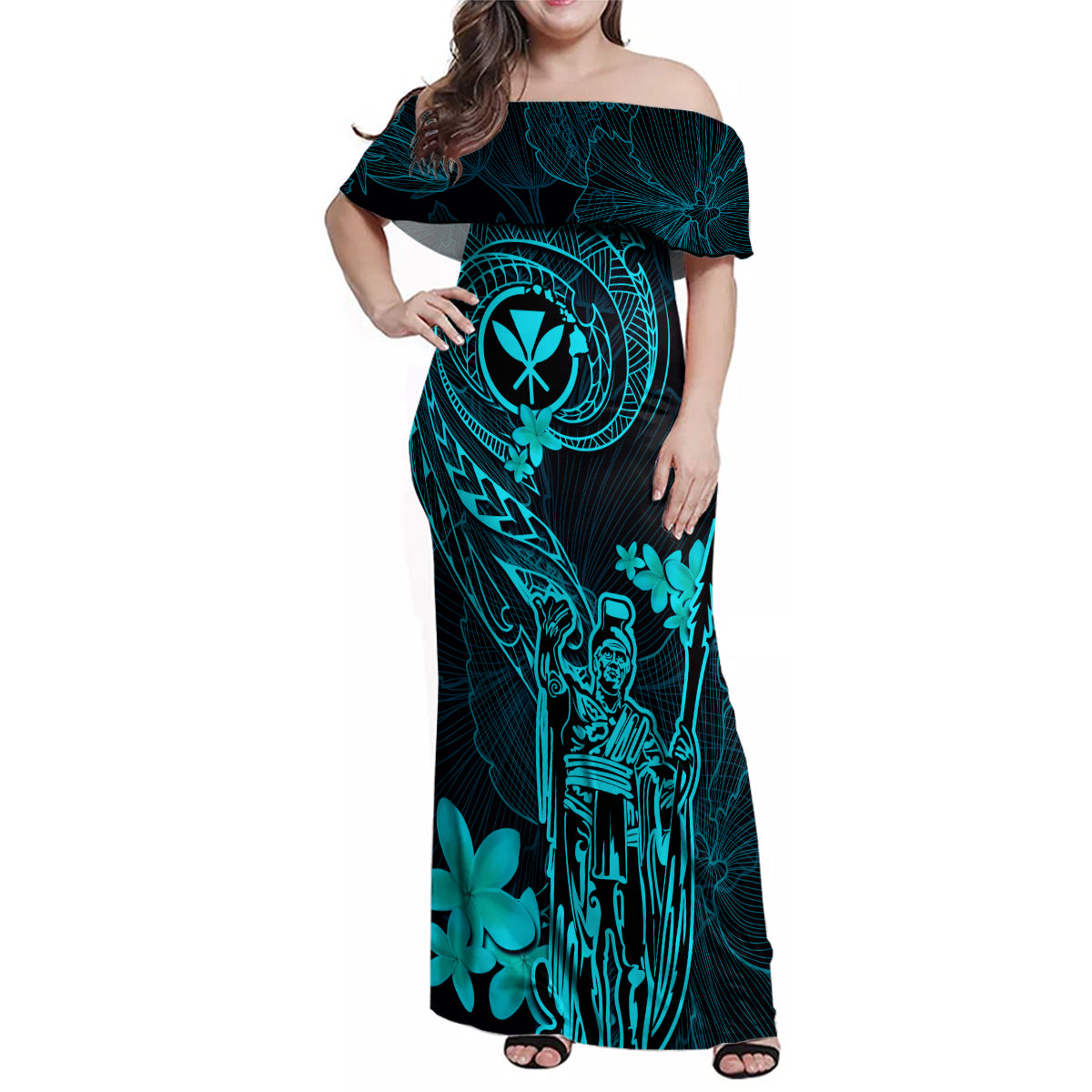 Hawaii Family Matching Off Shoulder Maxi Dress and Hawaiian Shirt King Kamehameha Mix Polynesian Plumeria Turquoise Version LT14 Mom's Dress Turquoise - Polynesian Pride