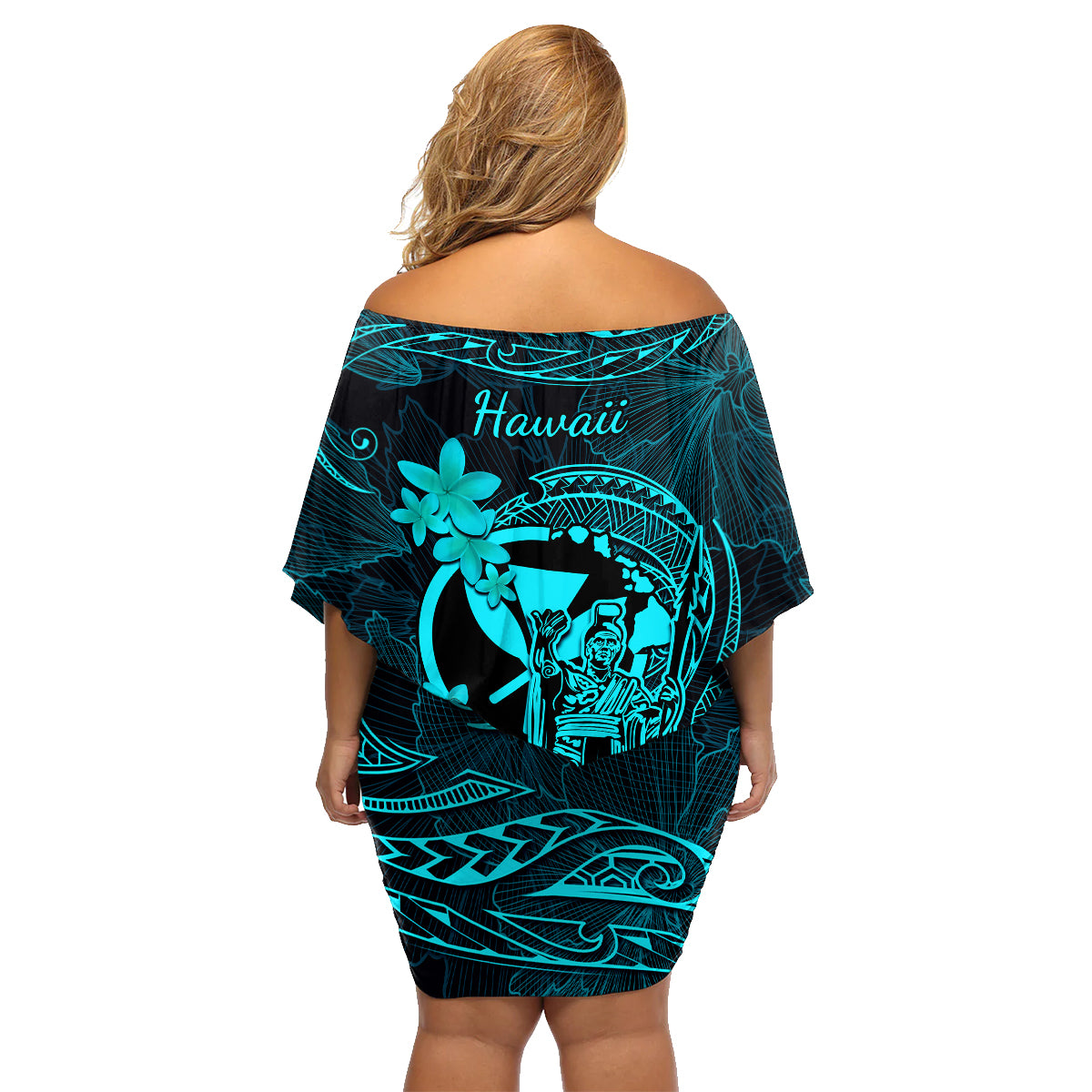 Hawaii Family Matching Off Shoulder Short Dress and Hawaiian Shirt King Kamehameha Mix Polynesian Plumeria Turquoise Version LT14 - Polynesian Pride