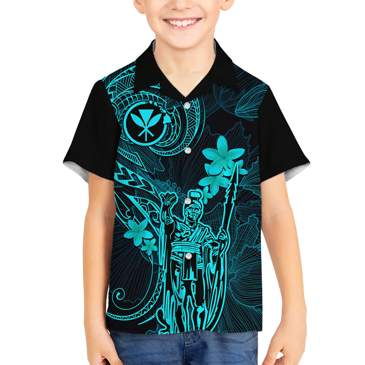 Hawaii Family Matching Tank Maxi Dress and Hawaiian Shirt King Kamehameha Mix Polynesian Plumeria Turquoise Version LT14 Son's Shirt Turquoise - Polynesian Pride