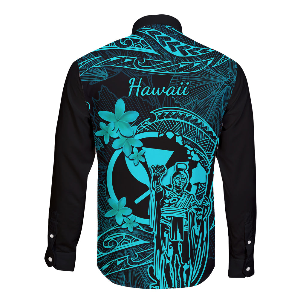 Hawaii Long Sleeve Button Shirt King Kamehameha Mix Polynesian Plumeria Turquoise Version LT14 - Polynesian Pride