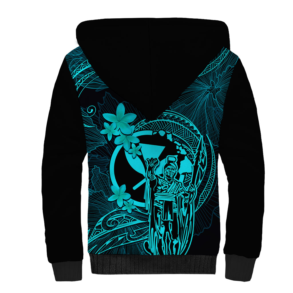 Hawaii Sherpa Hoodie King Kamehameha Mix Polynesian Plumeria Turquoise Version LT14 - Polynesian Pride